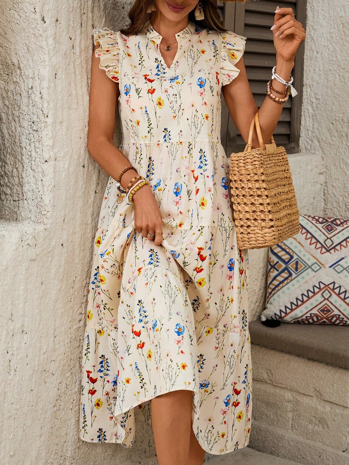 Boho Style Casual Floral Print Mini Bell Sleeve Shift Dress Summer Dresses For Women Summer Outfits For Women