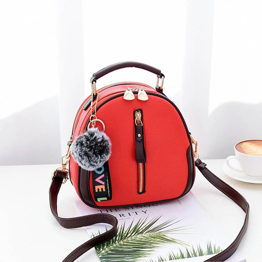 Luxury leather small tote bag for women fashion fur ball pendant designer flag shoulder bag
