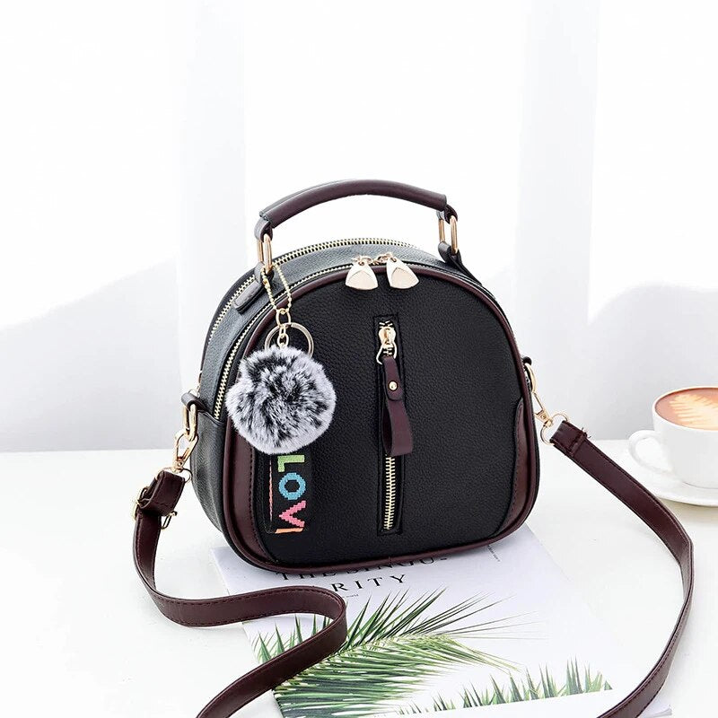 Luxury leather small tote bag for women fashion fur ball pendant designer flag shoulder bag