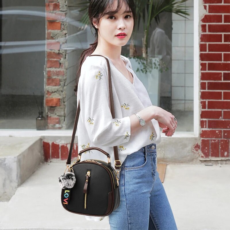 Luxury leather small tote bag for women fashion fur ball pendant designer flag shoulder bag