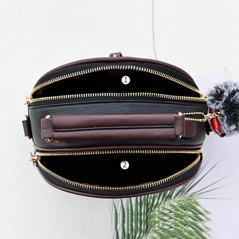 Luxury leather small tote bag for women fashion fur ball pendant designer flag shoulder bag