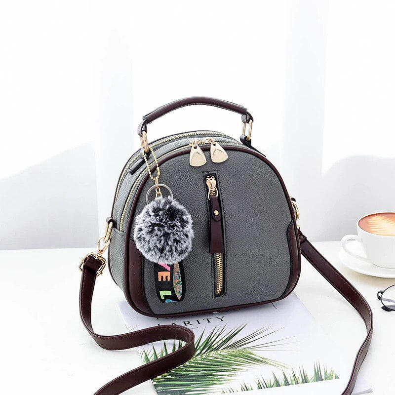 Luxury leather small tote bag for women fashion fur ball pendant designer flag shoulder bag