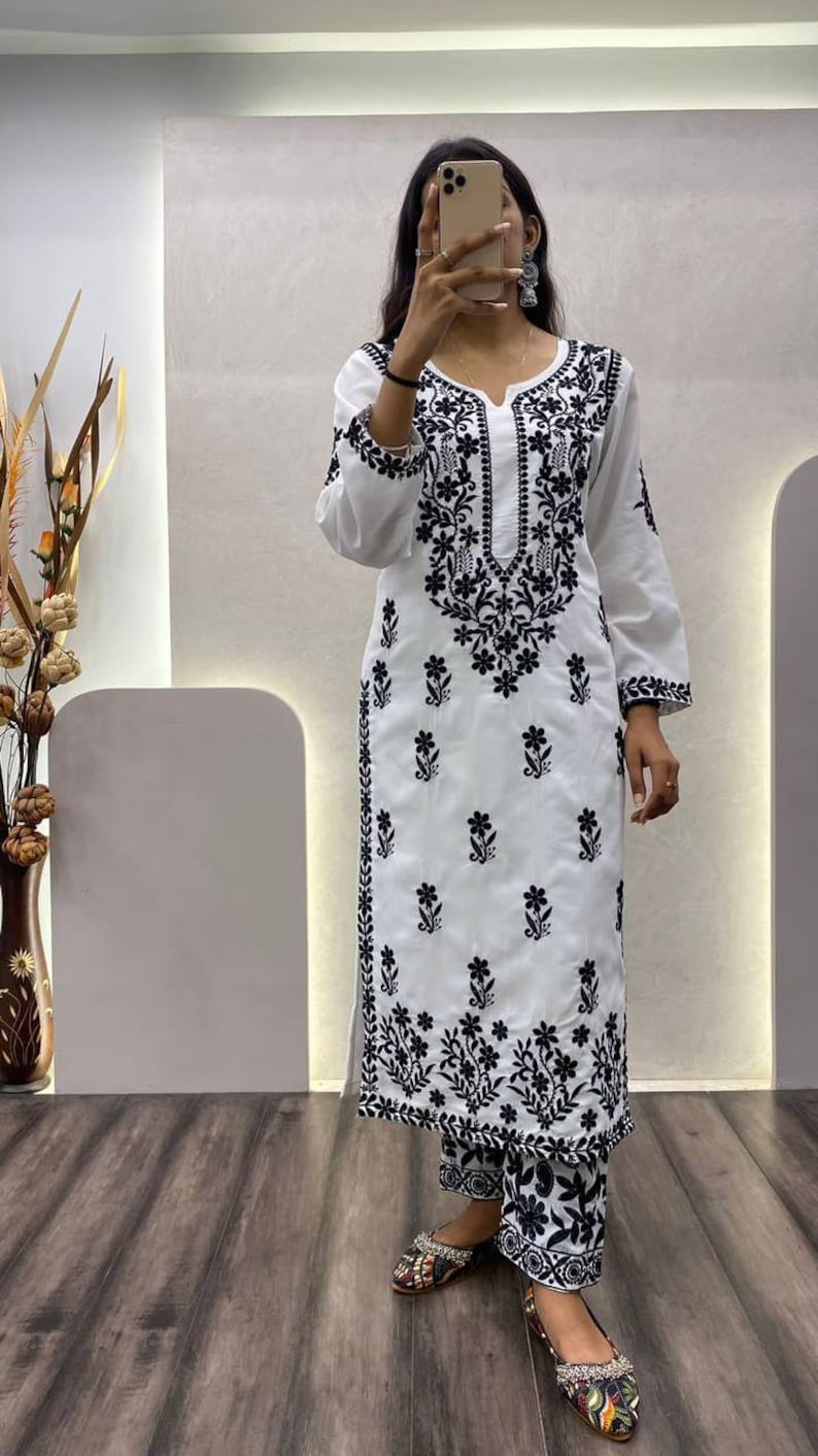 White Lucknowi suit with black embroidery 2 Piece Set for Women Pakisthani suit women