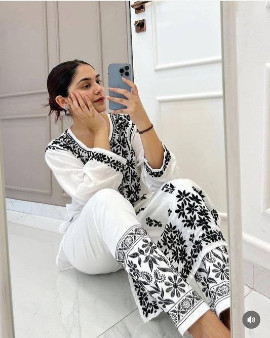 White Lucknowi suit with black embroidery 2 Piece Set for Women Pakisthani suit women