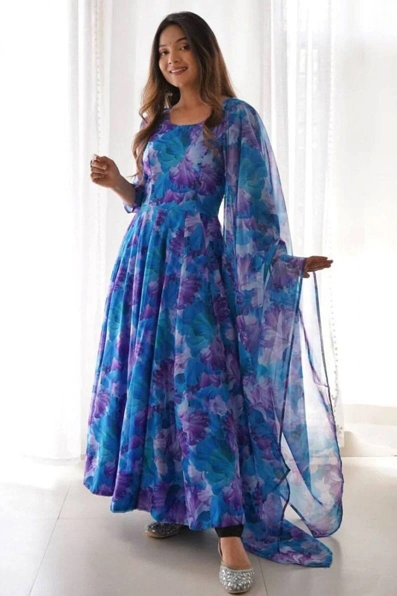 Indian Premium Georgette Floral Long Anarkali Kurti with Dupatta set for women