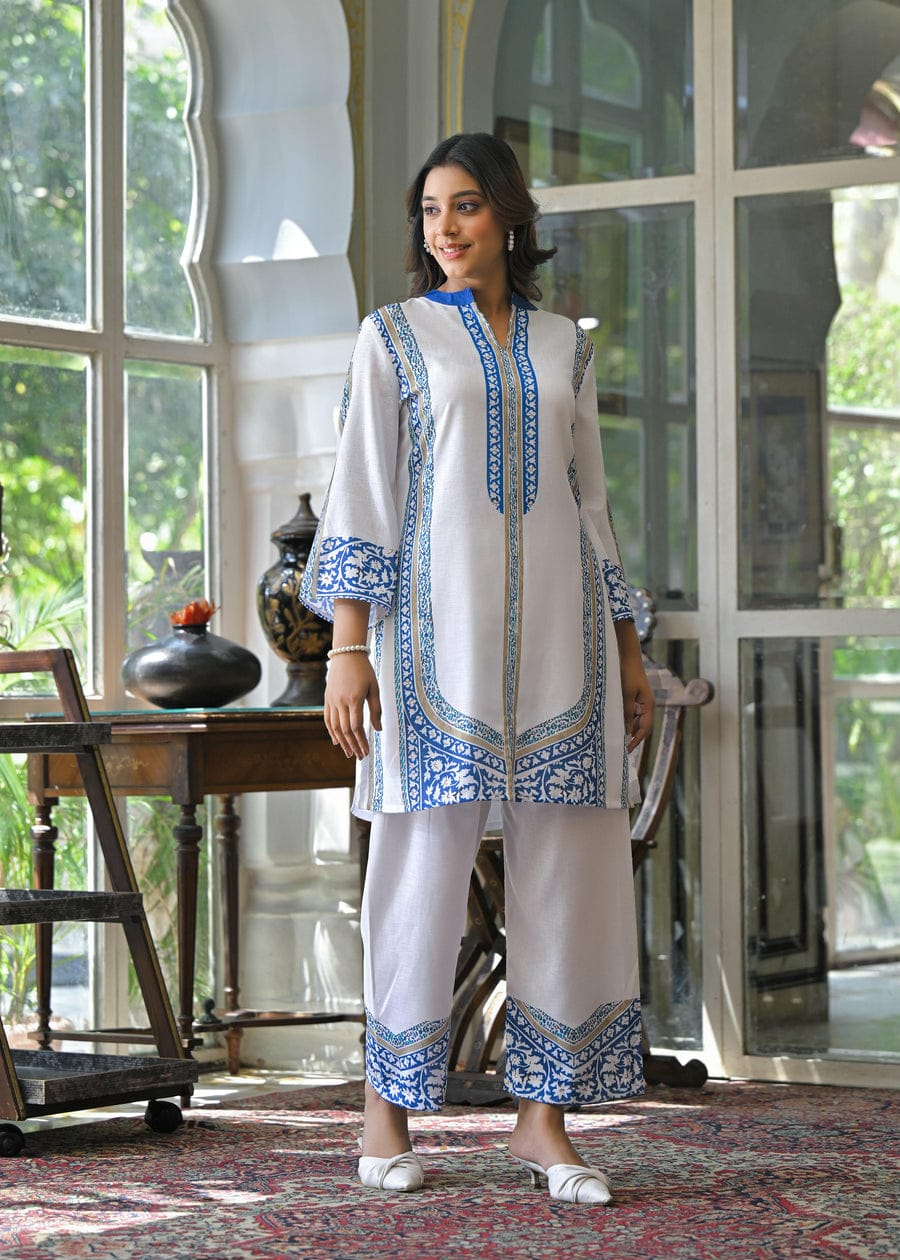Elegant White & Blue Printed Cotton Kurta Set for Women