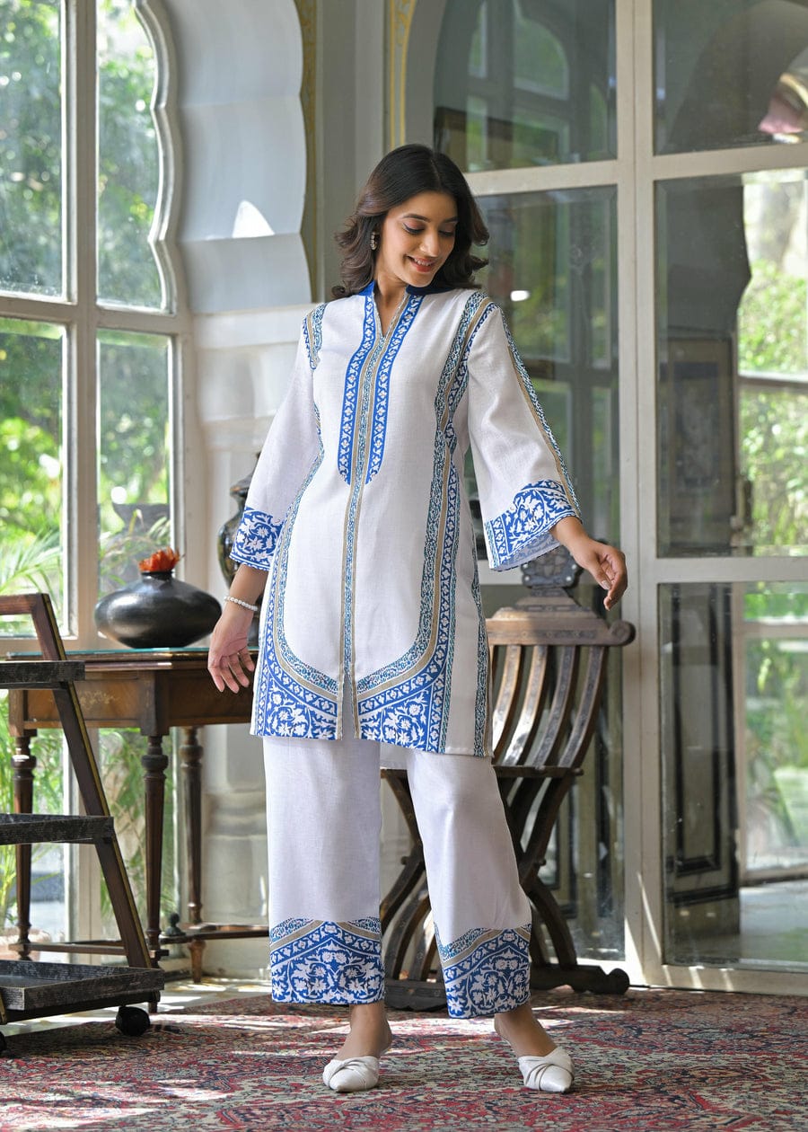 Elegant White & Blue Printed Cotton Kurta Set for Women