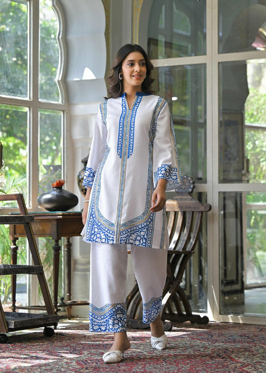 Elegant White & Blue Printed Cotton Kurta Set for Women