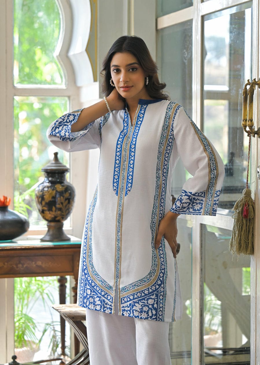 Elegant White & Blue Printed Cotton Kurta Set for Women