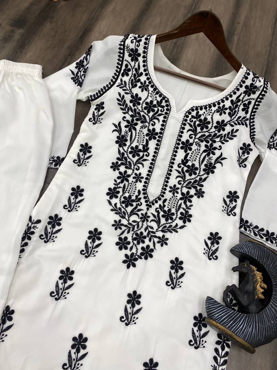 White Lucknowi suit with black embroidery 2 Piece Set for Women Pakisthani suit women