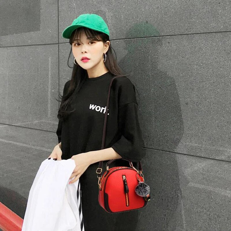 Luxury leather small tote bag for women fashion fur ball pendant designer flag shoulder bag