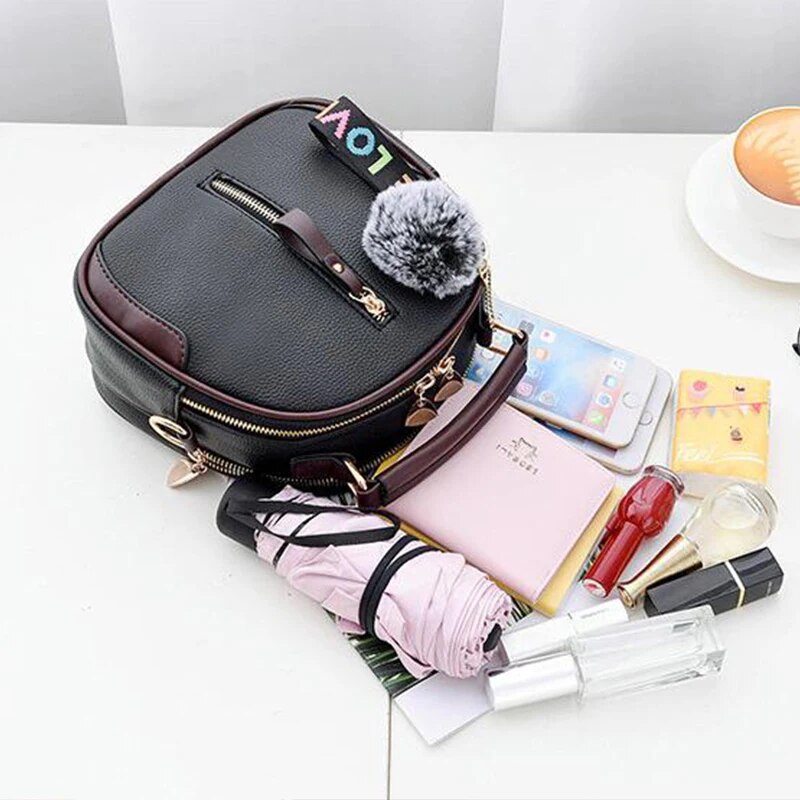 Luxury leather small tote bag for women fashion fur ball pendant designer flag shoulder bag