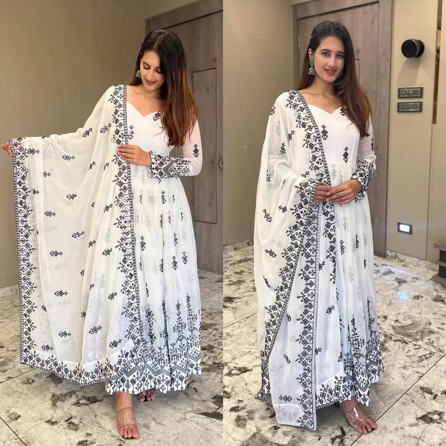 White Embroidery Work Faux Georgette Anarkali Gown