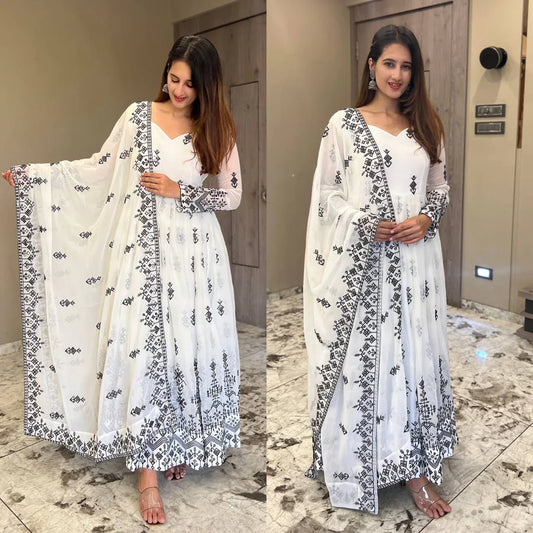 White Embroidery Work Faux Georgette Anarkali Gown