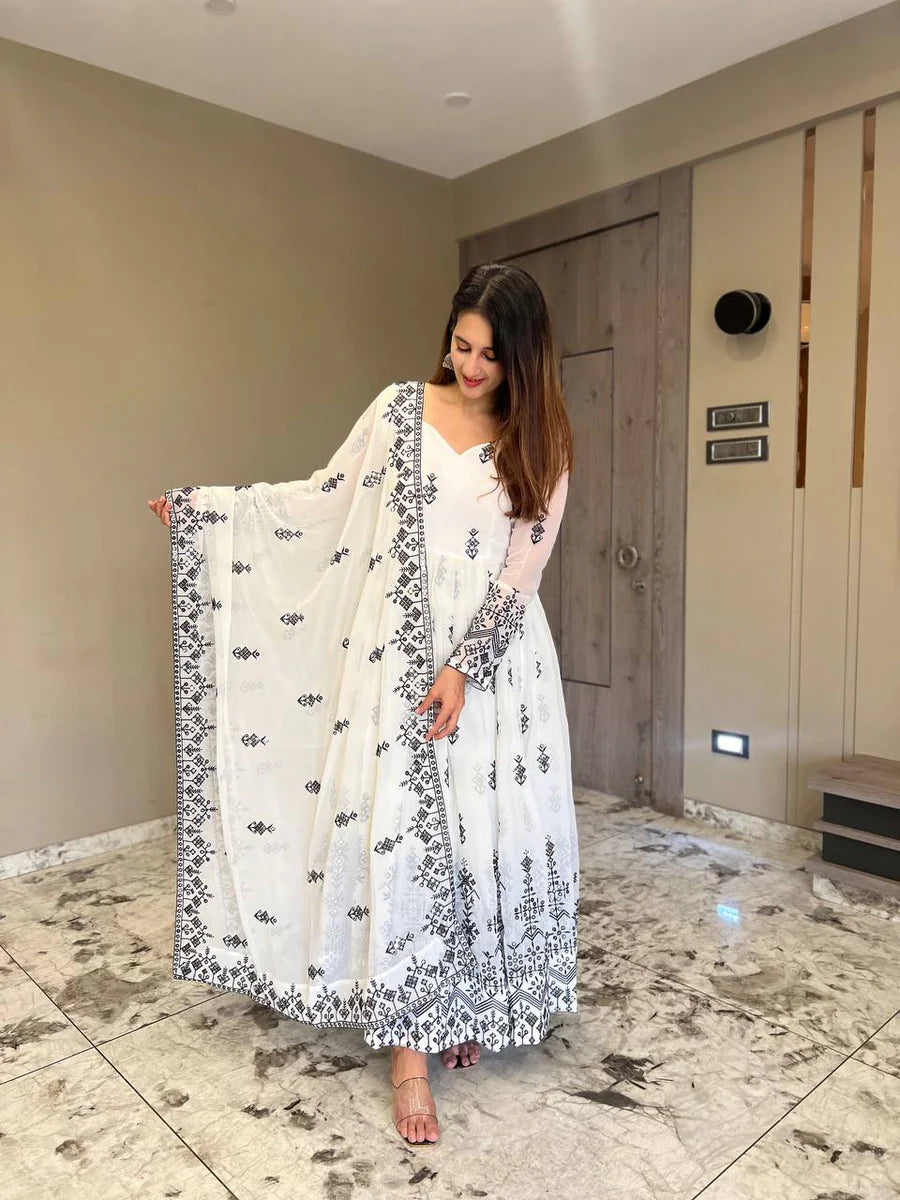 White Embroidery Work Faux Georgette Anarkali Gown