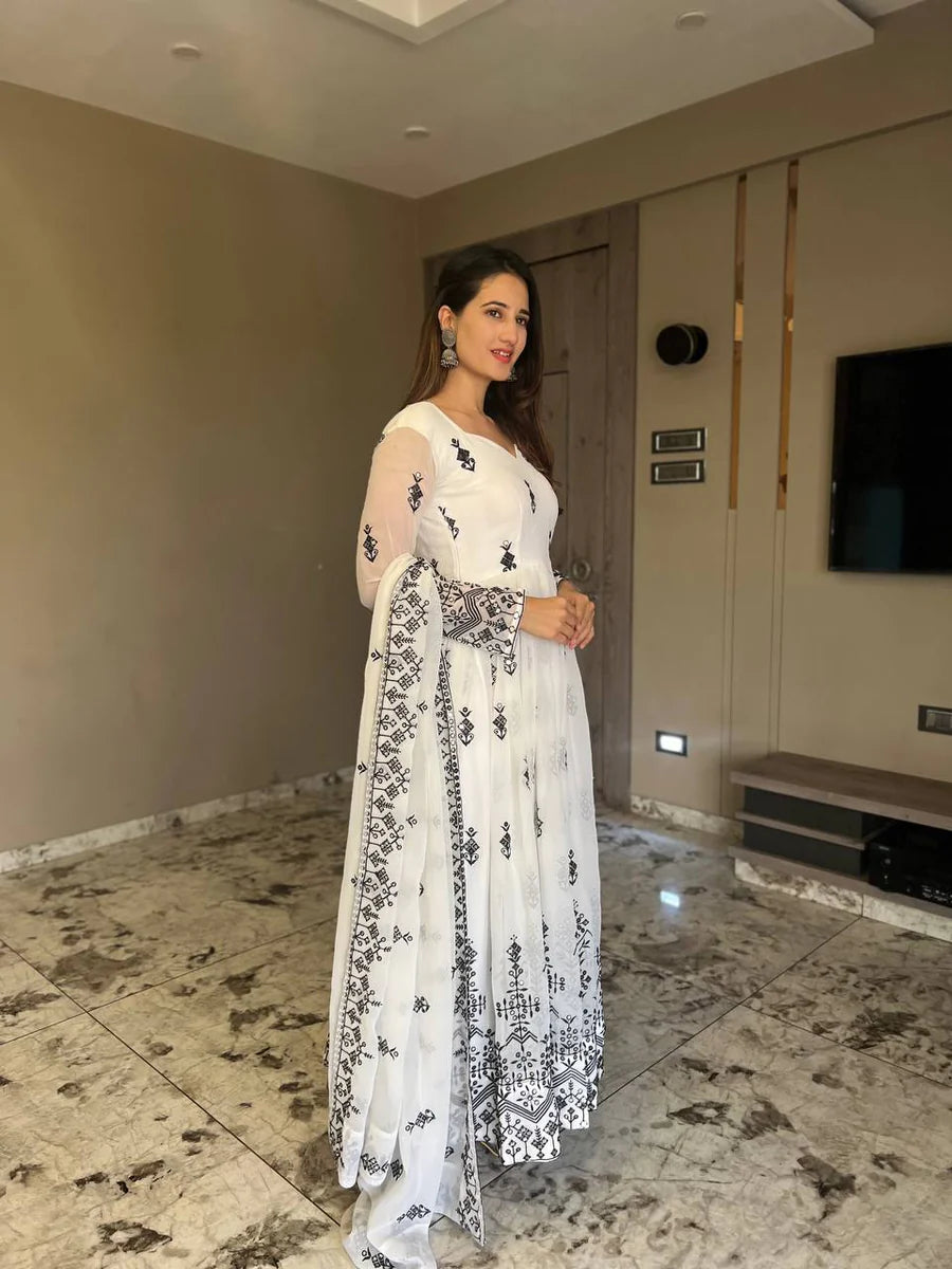 White Embroidery Work Faux Georgette Anarkali Gown