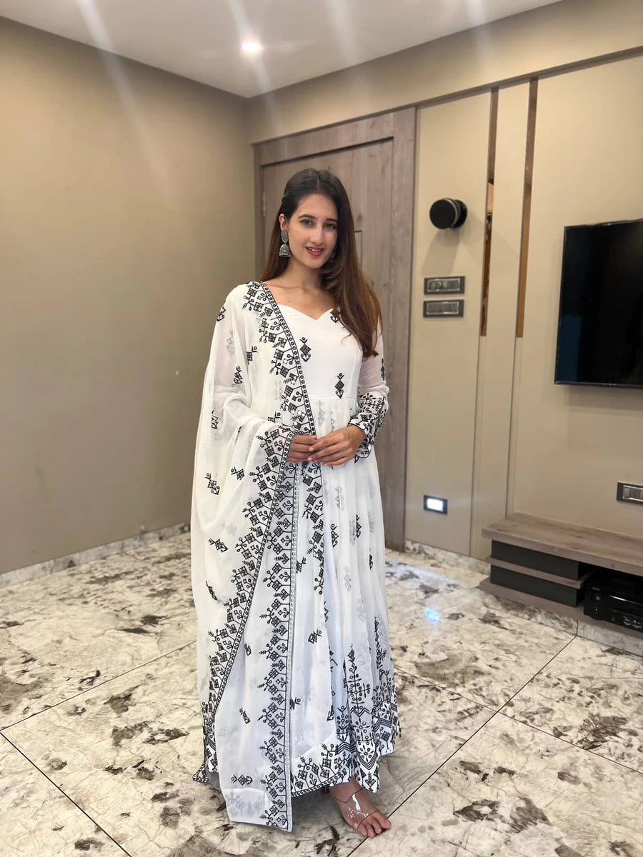 White Embroidery Work Faux Georgette Anarkali Gown