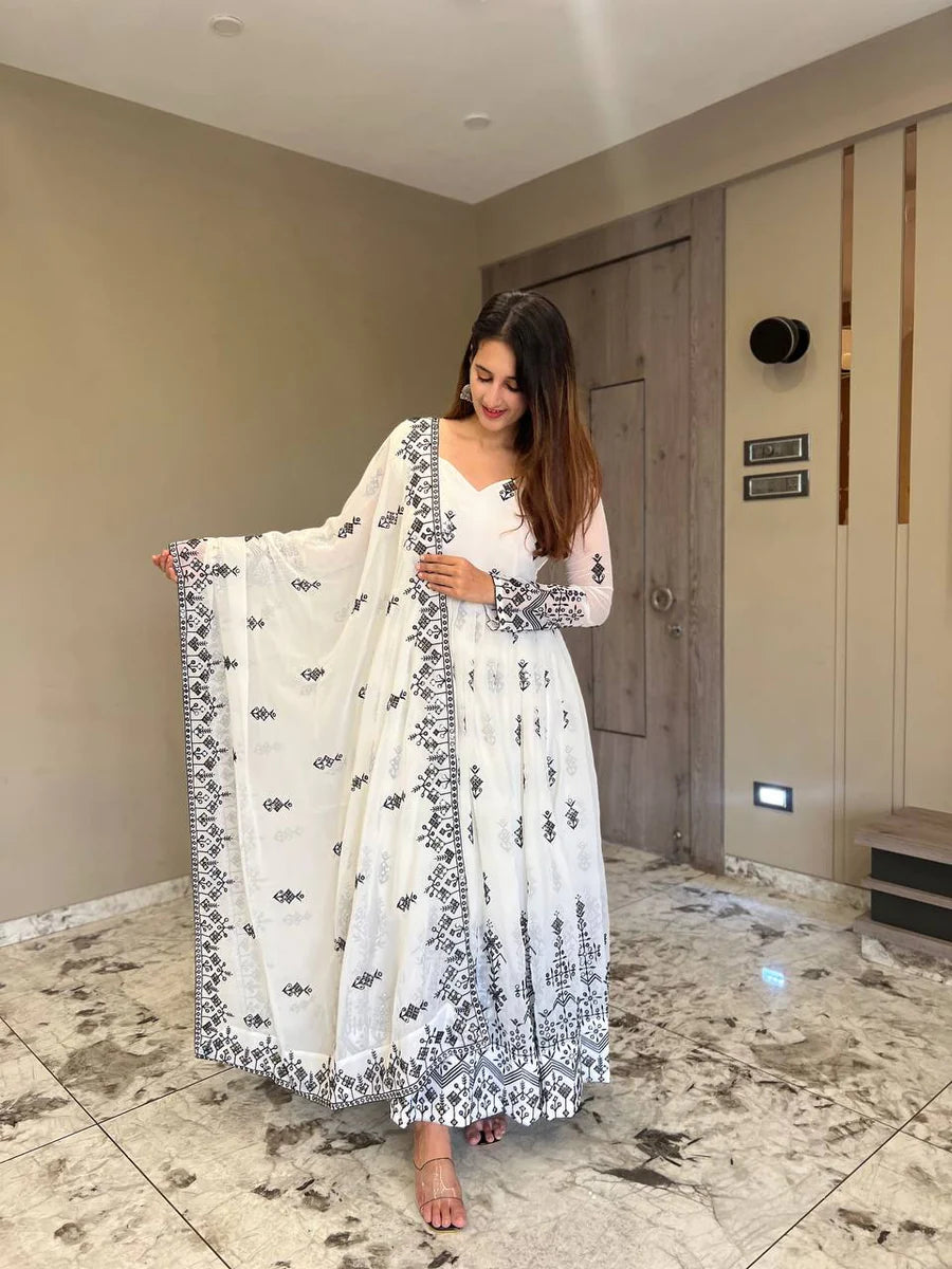 White Embroidery Work Faux Georgette Anarkali Gown