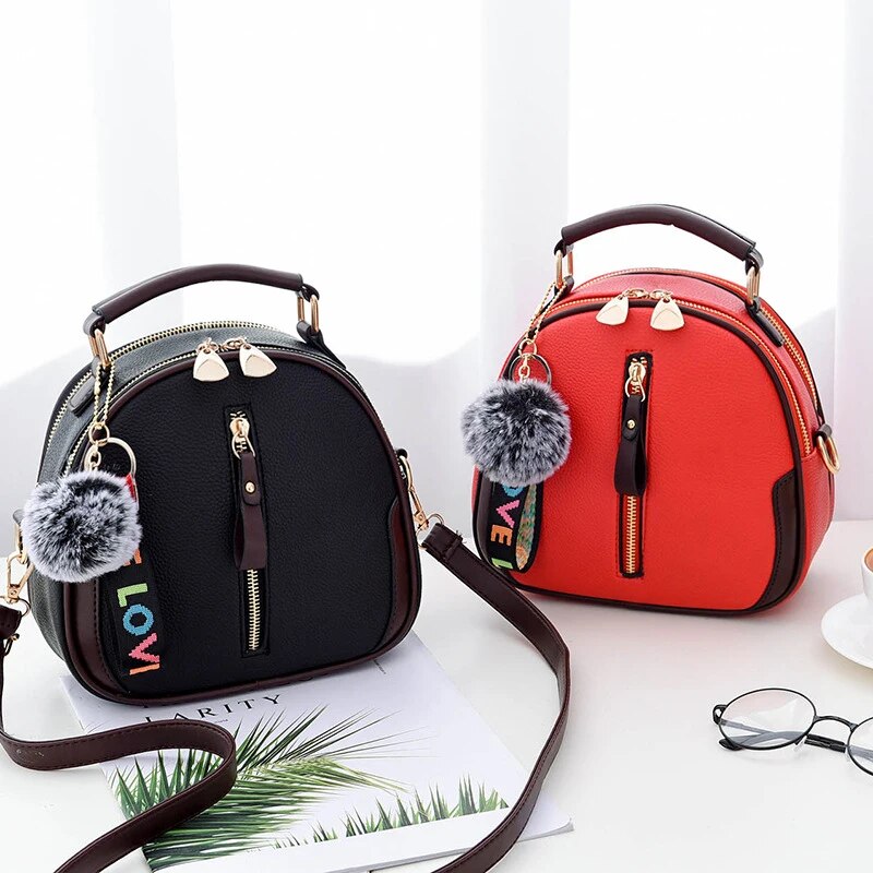 Luxury leather small tote bag for women fashion fur ball pendant designer flag shoulder bag