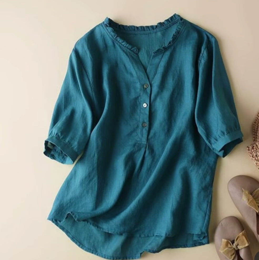 Pure Cotton Ruffled Neck Plain Top for summer