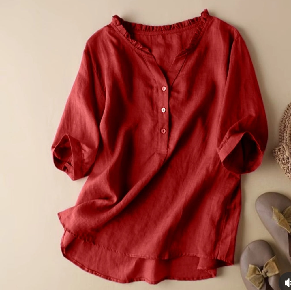 Pure Cotton Ruffled Neck Plain Top for summer