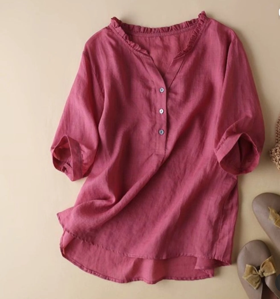 Pure Cotton Ruffled Neck Plain Top for summer