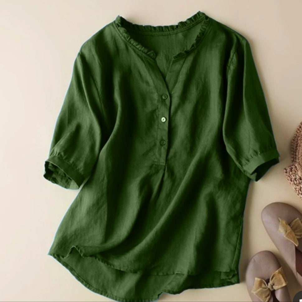 Pure Cotton Ruffled Neck Plain Top for summer