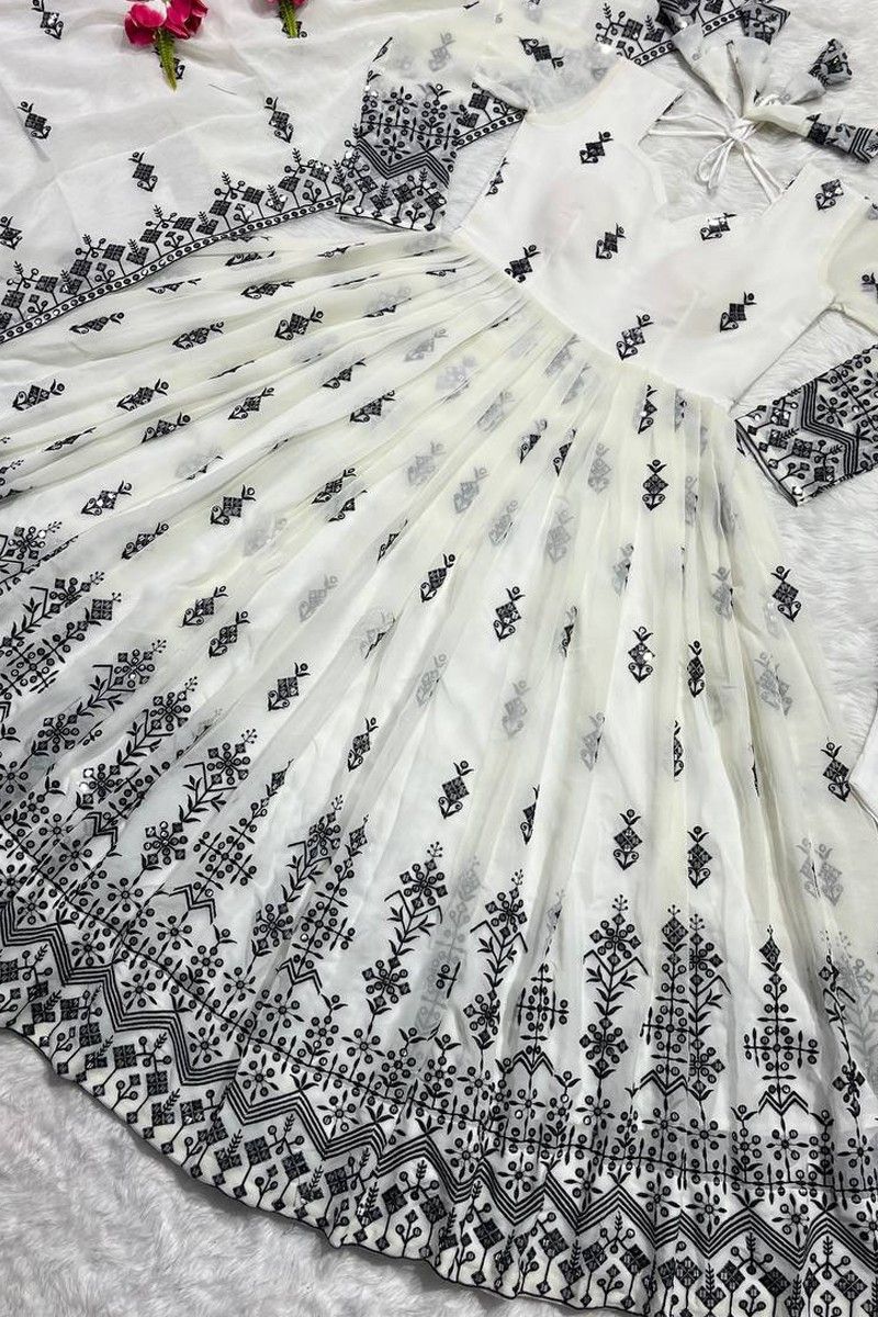 White Embroidery Work Faux Georgette Anarkali Gown