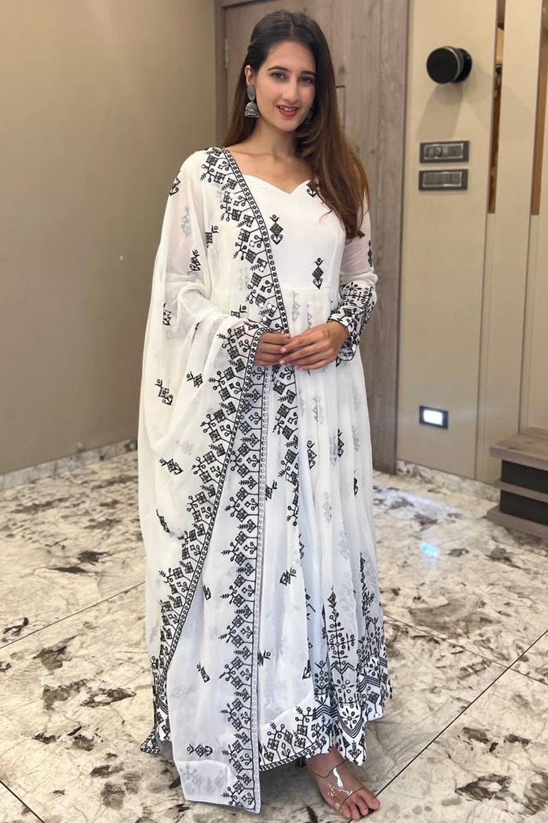 White Embroidery Work Faux Georgette Anarkali Gown